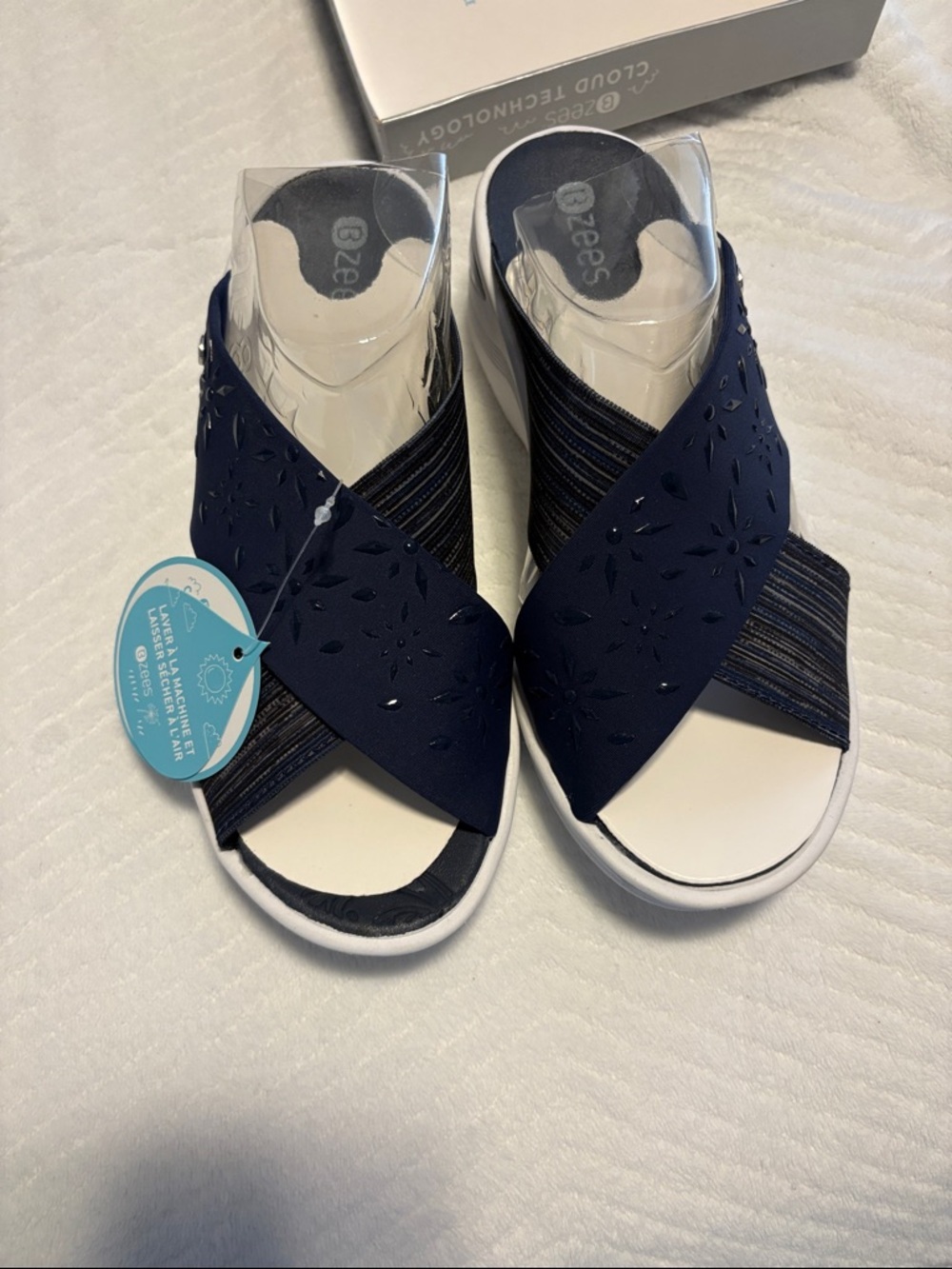Bzees Navy Blue Crisscross Laser-Cut Slide Sandals